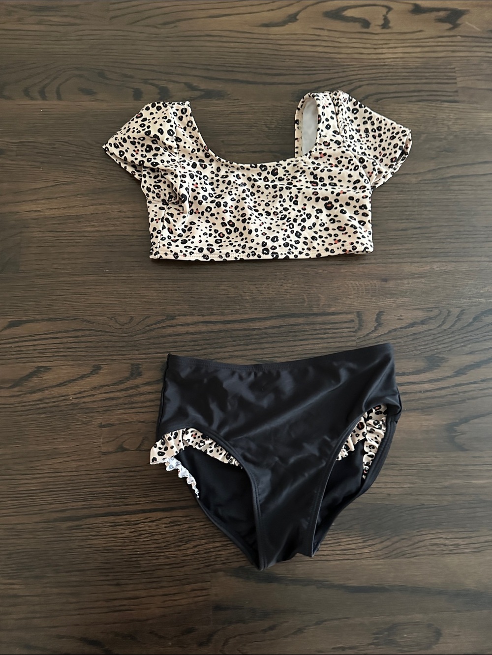 Kids Leopard Print Bikini Set - Black & Cream